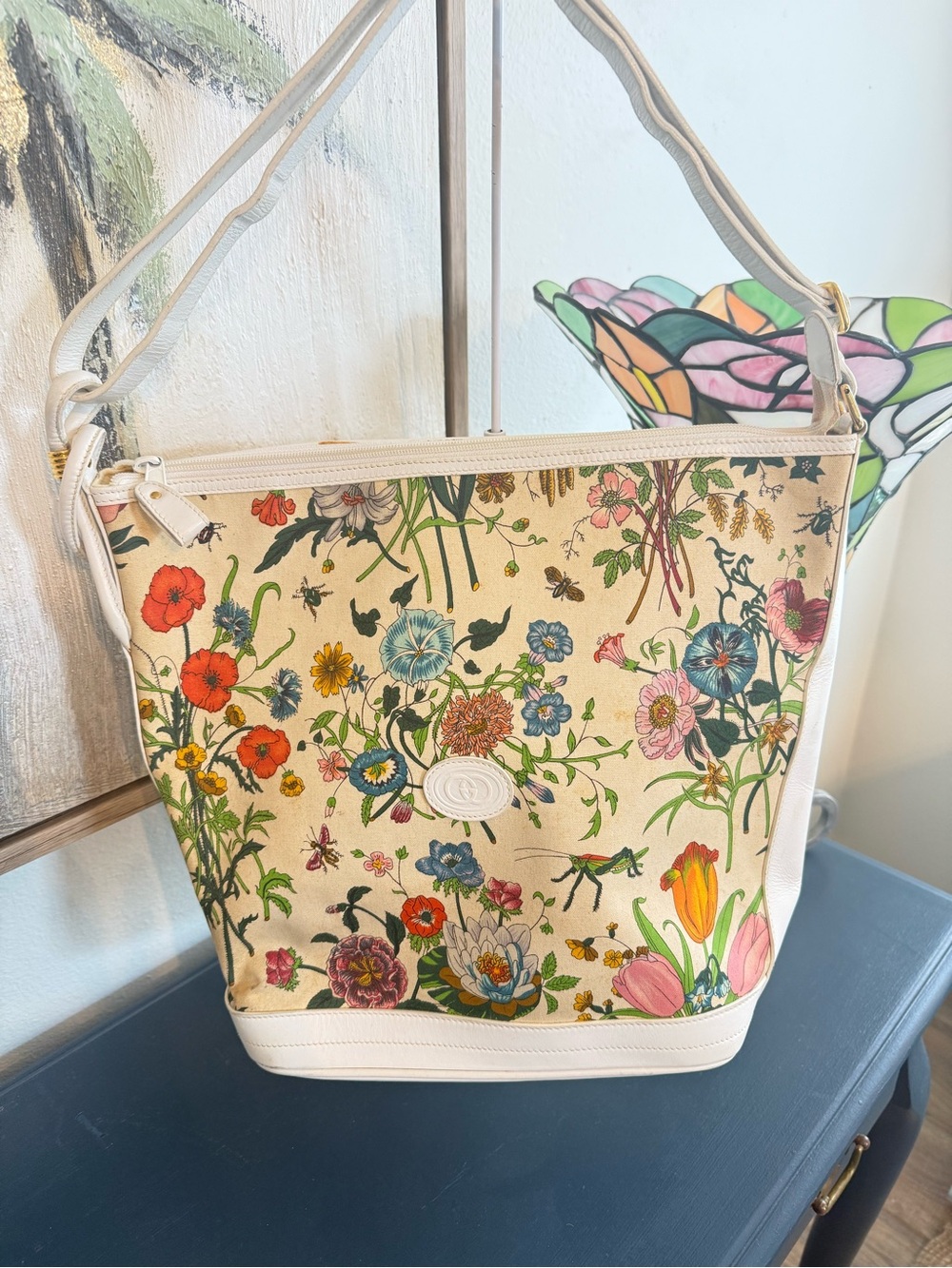 Gucci Floral Canvas Shoulder Bag in Cream with Multicolor Blooms